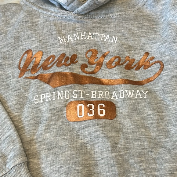 H&M Gray Hoodie Sweatshirt Gold Lettering & Old Navy Medium Blue Skinny Jeans - Picture 3 of 13